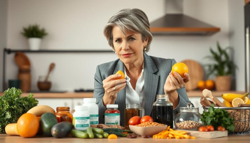 A middle-aged woman, dressed in professional business attire, thoughtfully examining a variety of healthy foods on a table, symbolizing nutritional changes after menopause. Foreground features the woman, her face showing a thoughtful expression as she holds a piece of fruit, surrounded by vibrant vegetables and whole grains. In the middle, an array of nutrition-focused items like supplements and herbal teas is neatly displayed, reflecting new dietary needs. The background includes a softly lit kitchen with plants and a few cooking utensils, adding warmth to the scene. Use soft, natural lighting to create a calm and inviting atmosphere, capturing the essence of empowerment during this life transition. The angle should be slightly elevated, focusing on the subjects while maintaining a sense of space. A middle-aged woman, dressed in professional business attire, thoughtfully examining a variety of healthy foods on a table, symbolizing nutritional changes after menopause. Foreground features the woman, her face showing a thoughtful expression as she holds a piece of fruit, surrounded by vibrant vegetables and whole grains. In the middle, an array of nutrition-focused items like supplements and herbal teas is neatly displayed, reflecting new dietary needs. The background includes a softly lit kitchen with plants and a few cooking utensils, adding warmth to the scene. Use soft, natural lighting to create a calm and inviting atmosphere, capturing the essence of empowerment during this life transition. The angle should be slightly elevated, focusing on the subjects while maintaining a sense of space.
