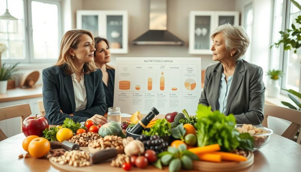 A serene and informative scene depicting the nutritional changes during menopause, designed to reflect the physiological transformations women experience after age 50. In the foreground, a diverse group of three women of varying ages and ethnicities, dressed in professional business attire, are engaged in a thoughtful discussion over a table filled with healthy foods like leafy greens, fruits, nuts, and whole grains. In the middle ground, a large infographic or visual representation of hormones, vitamins, and minerals is subtly placed, illustrating nutritional needs. The background features a softly lit kitchen or dining area with natural light streaming through a window, creating a warm and inviting atmosphere. Use soft focus and a slight overhead angle to emphasize the discussion and encourage a sense of camaraderie and positive energy. A serene and informative scene depicting the nutritional changes during menopause, designed to reflect the physiological transformations women experience after age 50. In the foreground, a diverse group of three women of varying ages and ethnicities, dressed in professional business attire, are engaged in a thoughtful discussion over a table filled with healthy foods like leafy greens, fruits, nuts, and whole grains. In the middle ground, a large infographic or visual representation of hormones, vitamins, and minerals is subtly placed, illustrating nutritional needs. The background features a softly lit kitchen or dining area with natural light streaming through a window, creating a warm and inviting atmosphere. Use soft focus and a slight overhead angle to emphasize the discussion and encourage a sense of camaraderie and positive energy.