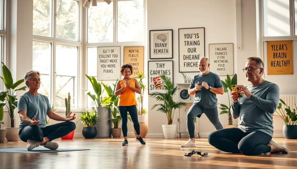 A bright and energizing scene illustrating "Exercises for Improving Brain Health." In the foreground, a diverse group of four individuals of varying ages engages in different brain-enhancing exercises. One person is meditating, another is doing yoga, a third is juggling, and the last is solving a puzzle. All are dressed in professional athletic wear in a well-lit, modern fitness studio. In the middle ground, calming plants and inspirational posters encouraging mental health surround them, creating an inviting atmosphere. The background features large windows with natural sunlight pouring in, emphasizing a vibrant and motivating environment. The mood is uplifting, embodying wellness and cognitive health, captured with a warm color palette. A soft focus lens effect enhances the serenity of the setting.
