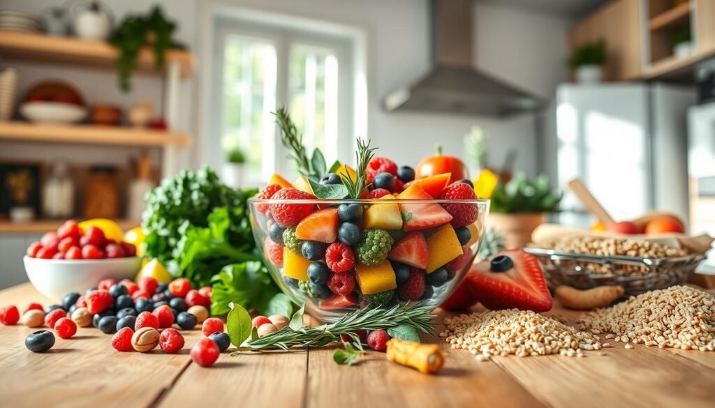 A bright and inviting kitchen scene showcasing a variety of vibrant foods that enhance resilience. In the foreground, a wooden table is laden with nutrient-rich foods: a colorful assortment of berries, leafy greens like kale and spinach, nuts, and whole grains such as quinoa and brown rice. In the middle of the scene, a clear glass bowl filled with a colorful fruit salad radiates freshness, surrounded by herbs like rosemary and turmeric to signify their health benefits. The background features a softly lit window allowing natural sunlight to stream in, creating a warm and uplifting atmosphere. Focus on a slightly elevated angle to capture the resonance of health and wellness, evoking a sense of vitality and comfort. The overall mood is serene and inspiring, perfect for conveying the importance of nutrition in building resilience. A bright and inviting kitchen scene showcasing a variety of vibrant foods that enhance resilience. In the foreground, a wooden table is laden with nutrient-rich foods: a colorful assortment of berries, leafy greens like kale and spinach, nuts, and whole grains such as quinoa and brown rice. In the middle of the scene, a clear glass bowl filled with a colorful fruit salad radiates freshness, surrounded by herbs like rosemary and turmeric to signify their health benefits. The background features a softly lit window allowing natural sunlight to stream in, creating a warm and uplifting atmosphere. Focus on a slightly elevated angle to capture the resonance of health and wellness, evoking a sense of vitality and comfort. The overall mood is serene and inspiring, perfect for conveying the importance of nutrition in building resilience.
