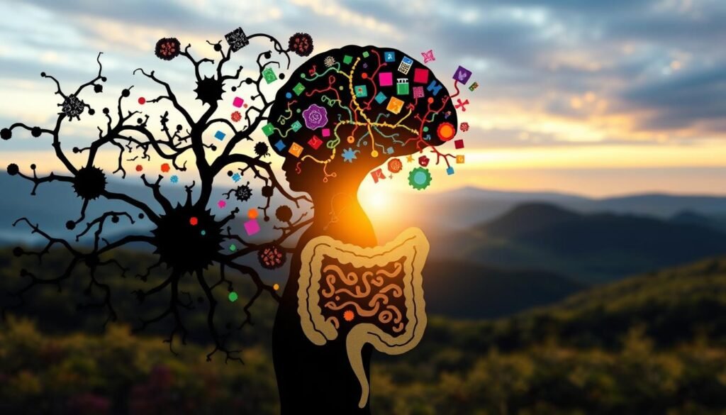 A conceptual illustration representing the intricate relationship between stress and gut microbiota. In the foreground, a human silhouette outlines a brain and digestive system, interwoven with colorful, abstract representations of gut bacteria. In the middle ground, swirling, chaotic patterns symbolize stress, using dark, jagged shapes in contrast to the harmonious, rounded forms of healthy bacteria. The background features a serene natural landscape, with soft, diffused lighting illuminating the scene, suggesting tranquility and balance. Use a wide-angle lens to capture depth, emphasizing the harmony between the elements. The overall mood is one of exploration, highlighting the complex interplay of stress and microbiome health in an abstract yet engaging manner. The colors are vibrant yet calming, mirroring the theme of balance in health.