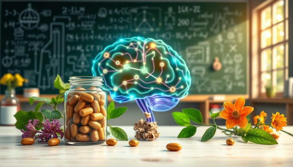 A detailed and vibrant illustration showcasing the intricate field of neuroscience and natural nootropics. In the foreground, depict a close-up of a glass vial containing vibrant herbal supplements, surrounded by fresh plants like Ginkgo biloba and Rhodiola rosea. The middle ground should feature a brain made of interconnected neural pathways, glowing with soft blue and green lights, symbolizing cognitive enhancement. In the background, create a laboratory setting with a chalkboard filled with complex diagrams and equations, softly illuminated by natural light coming from a large window. The atmosphere should convey a blend of scientific curiosity and natural vitality, inviting the viewer into the world of cognitive science and intelligent longevity.