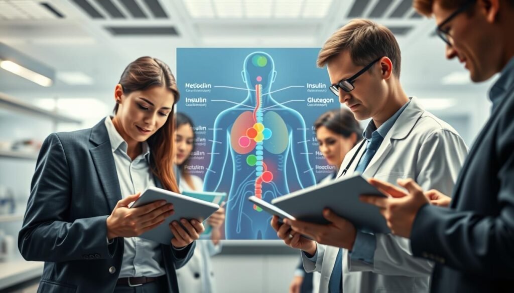 A dynamic illustration of hormonal effects during intermittent fasting, showcasing a scientific atmosphere. In the foreground, a diverse group of professional researchers in business attire are analyzing data on tablets, exuding curiosity and engagement. The middle ground features a visually striking diagram of human metabolism, highlighting key hormones like insulin and glucagon with vibrant colors. In the background, a laboratory setting with soft, diffused lighting, emphasizing clarity and focus. The atmosphere is calm yet intellectually stimulating, with subtle shadows creating depth. The lens captures a slight wide-angle view to encompass the entire scene, promoting a sense of collaboration and discovery in the realm of science behind intermittent fasting.