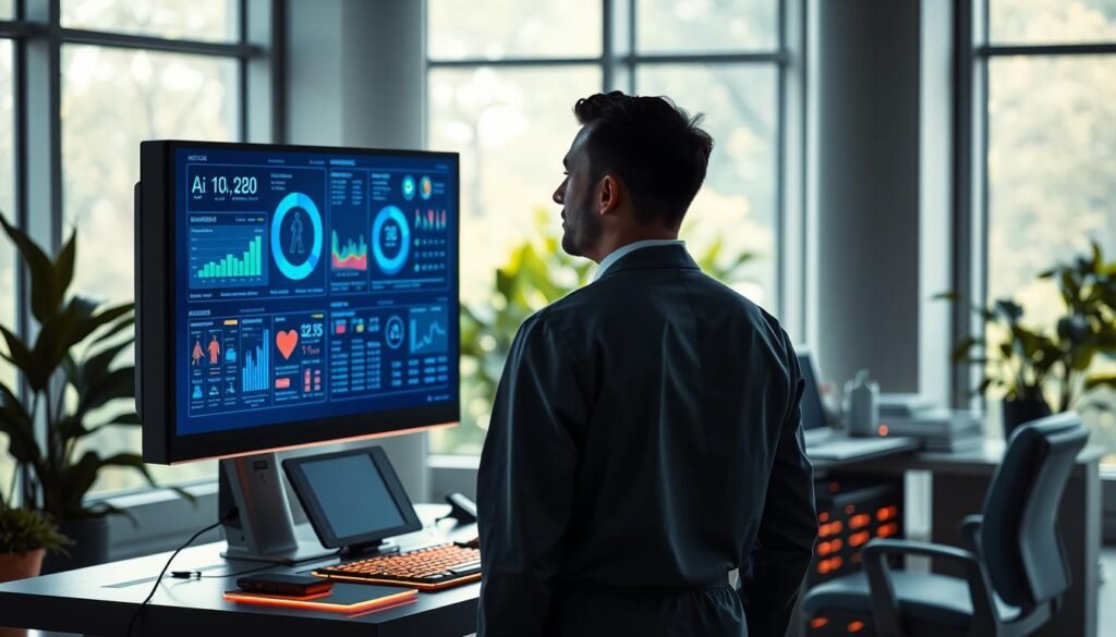 A modern and futuristic healthcare setting depicting a nutritionist using advanced artificial intelligence technology to analyze data on a large interactive screen. In the foreground, a focused nutritionist in professional attire is engaged with the AI display, showcasing vibrant graphics of nutrient information and health metrics. In the middle, a sleek, high-tech workstation filled with digital devices and the glowing interface of the AI system, representing the integration of technology in nutritional science. The background features soft, ambient lighting from large windows, with greenery visible outside, symbolizing a connection to nature and holistic health. The mood is inspiring and innovative, highlighting the transformative impact of AI in nutrition for enhanced well-being and longevity. A modern and futuristic healthcare setting depicting a nutritionist using advanced artificial intelligence technology to analyze data on a large interactive screen. In the foreground, a focused nutritionist in professional attire is engaged with the AI display, showcasing vibrant graphics of nutrient information and health metrics. In the middle, a sleek, high-tech workstation filled with digital devices and the glowing interface of the AI system, representing the integration of technology in nutritional science. The background features soft, ambient lighting from large windows, with greenery visible outside, symbolizing a connection to nature and holistic health. The mood is inspiring and innovative, highlighting the transformative impact of AI in nutrition for enhanced well-being and longevity.