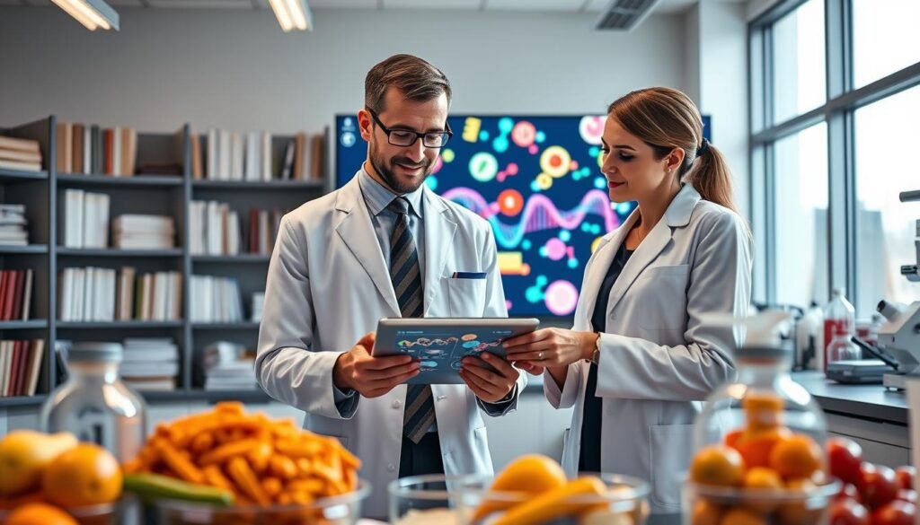 A modern laboratory setting that illustrates the science of personalized nutrition. In the foreground, a diverse group of two professional scientists – one male and one female – both clad in smart business attire, are discussing genetic data while examining a digital tablet displaying DNA sequences and nutritional information. The middle ground features a large screen showcasing colorful molecular structures linked to various foods, representing the connection between DNA and diet. The background is filled with shelves of scientific books and laboratory equipment, softly lit by bright, natural lighting through large windows, creating an atmosphere of innovation and discovery. The image conveys a sense of collaboration and curiosity, emphasizing the advanced aspects of personalized nutrition. A modern laboratory setting that illustrates the science of personalized nutrition. In the foreground, a diverse group of two professional scientists – one male and one female – both clad in smart business attire, are discussing genetic data while examining a digital tablet displaying DNA sequences and nutritional information. The middle ground features a large screen showcasing colorful molecular structures linked to various foods, representing the connection between DNA and diet. The background is filled with shelves of scientific books and laboratory equipment, softly lit by bright, natural lighting through large windows, creating an atmosphere of innovation and discovery. The image conveys a sense of collaboration and curiosity, emphasizing the advanced aspects of personalized nutrition.