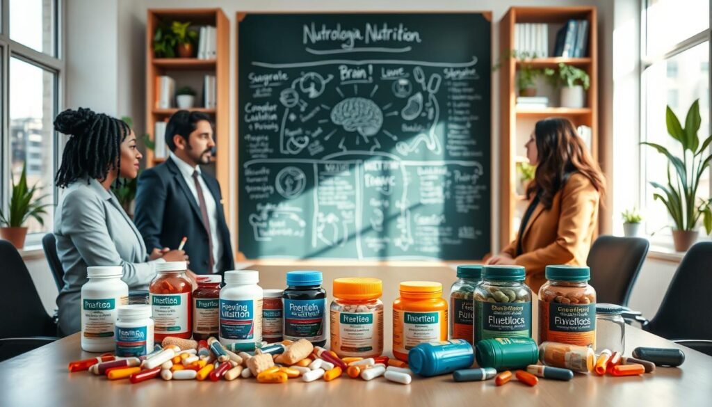 A modern, well-lit office setting showcasing a table filled with various colorful brain supplements arranged aesthetically. In the foreground, a diverse group of three professionals in business attire engages attentively in a discussion about behavioral nutrition. The middle ground features a large chalkboard covered with diagrams and notes on brain health and behavioral nutrition, emphasizing scientific aspects. The background contains shelves with books and plants, creating a lively yet focused atmosphere. Natural light floods through a large window, casting soft shadows and adding warmth to the scene. The overall mood is one of inspiration, collaboration, and positive energy, reflecting the innovative field of Nutrologia Comportamental. A modern, well-lit office setting showcasing a table filled with various colorful brain supplements arranged aesthetically. In the foreground, a diverse group of three professionals in business attire engages attentively in a discussion about behavioral nutrition. The middle ground features a large chalkboard covered with diagrams and notes on brain health and behavioral nutrition, emphasizing scientific aspects. The background contains shelves with books and plants, creating a lively yet focused atmosphere. Natural light floods through a large window, casting soft shadows and adding warmth to the scene. The overall mood is one of inspiration, collaboration, and positive energy, reflecting the innovative field of Nutrologia Comportamental.
