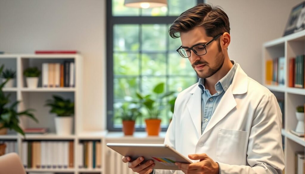 A professional male nutritionist, Dr. Jô Furlan, is depicted in a well-lit office setting that conveys a sense of calm and expertise. He is in the foreground, wearing a crisp white lab coat over a light blue shirt, with a thoughtful expression as he examines nutrition charts on a sleek tablet. In the middle ground, shelves filled with health books and plant-based nutrition materials create an inviting atmosphere. The background features a window revealing a lush green garden, symbolizing natural wellness. Soft, warm lighting enhances the professional ambiance, while a shallow depth of field keeps the focus on Dr. Furlan. The overall mood is one of professionalism and tranquility, aligning with the theme of behavioral nutrition's impact on stress management and longevity.