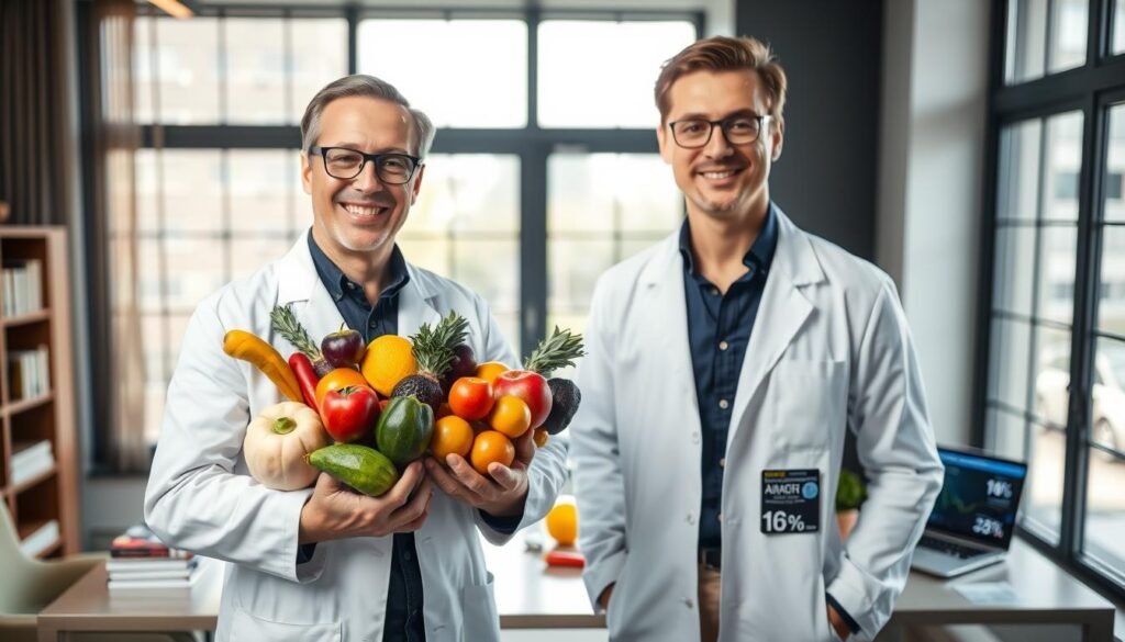 A professional male nutritionist, Dr. Jô Furlan, stands confidently in a modern office setting, dressed in a smart, crisp white lab coat over a navy blue shirt, with neatly styled hair and glasses. In the foreground, he is holding a diverse array of colorful, fresh fruits and vegetables, symbolizing anti-aging foods, with an inviting smile. The middle of the image showcases a stylish desk filled with books on nutritional science, alongside a laptop displaying health statistics. In the background, large windows allow soft, natural light to illuminate the room, creating an atmosphere of warmth and professionalism. The overall mood is inspiring and educational, channeling a sense of hope and rejuvenation through nutrition.