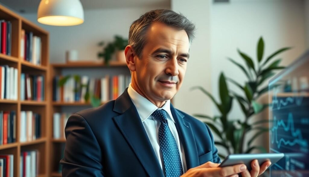 A professional middle-aged man, Dr. Jô Furlan, stands confidently in a modern, well-lit office environment, exuding expertise in behavioral nutrition. He wears a tailored navy blue suit with a crisp white shirt and a subtle patterned tie. His hair is short and neatly styled, revealing thoughtful, intelligent features as he engages with a virtual display of health data. In the background, there are bookshelves filled with medical literature and plants that add a touch of freshness. The lighting is warm and inviting, suggesting a sense of innovation and professionalism. The camera angle is slightly from below, emphasizing his stature as a pioneer in the field. The mood is inspiring and optimistic, reflecting a commitment to enhancing health and longevity through science.