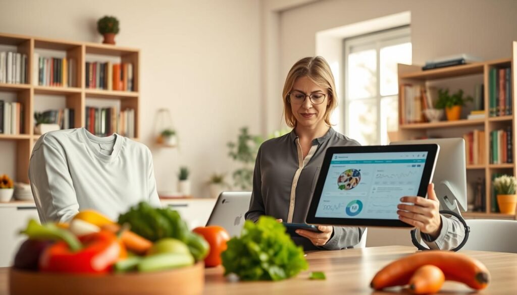 A professional nutritionist in a modern, bright office setting, focused on a digital tablet displaying data about behavioral nutrition strategies. In the foreground, a desk with fresh fruits and vegetables symbolizing healthy eating choices. In the middle ground, the nutritionist, a middle-aged woman wearing smart casual clothing, engaged in a conversation with a curious client who looks eager to learn. In the background, shelves filled with books on nutrition and health, and a window allowing natural light to flood the room, creating a warm atmosphere. The mood is inspiring and educational, highlighting the transformation that behavioral nutrition brings to biohacking for longevity. Soft, balanced lighting emphasizes a welcoming ambiance.