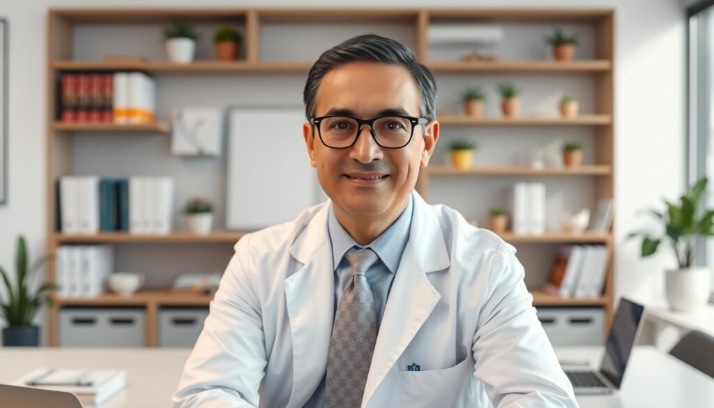 A professional portrait of Dr. Jô Furlan, a distinguished male figure in his 50s, with short, neatly styled dark hair and glasses, exuding an air of expertise and warmth. He is dressed in a crisp white lab coat over a light blue dress shirt and a subtle patterned tie, sitting confidently at a modern desk adorned with health-related books and a laptop. The background features a softly blurred office environment with shelves displaying scientific texts and plant decorations, conveying a sense of calm professionalism. The lighting is bright and inviting, emphasizing Dr. Furlan's approachable demeanor, captured from a slightly lower angle to enhance his stature. The mood is inspiring, portraying him as a pioneer in nutrology and neuroprotection. A professional portrait of Dr. Jô Furlan, a distinguished male figure in his 50s, with short, neatly styled dark hair and glasses, exuding an air of expertise and warmth. He is dressed in a crisp white lab coat over a light blue dress shirt and a subtle patterned tie, sitting confidently at a modern desk adorned with health-related books and a laptop. The background features a softly blurred office environment with shelves displaying scientific texts and plant decorations, conveying a sense of calm professionalism. The lighting is bright and inviting, emphasizing Dr. Furlan's approachable demeanor, captured from a slightly lower angle to enhance his stature. The mood is inspiring, portraying him as a pioneer in nutrology and neuroprotection.