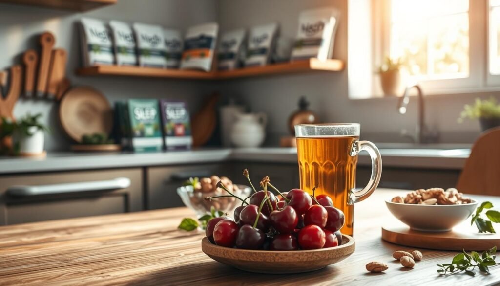 A serene and harmonious kitchen filled with vibrant, nutrient-rich foods ideal for promoting deep sleep. In the foreground, a beautifully arranged wooden table showcases a selection of sleep-enhancing foods: plump cherries, a bowl of mixed nuts, and a glass of warm herbal tea. In the middle ground, shelves lined with packets of magnesium-rich supplements and calming herbal infusions add depth. The background features soft, ambient lighting from natural sunlight filtering through a window, casting a warm glow over the scene. The atmosphere is tranquil and inviting, promoting a sense of wellness and balance, ideal for enhancing rest and rejuvenation. The composition captures a cozy, nurturing environment that reflects the connection between nutrition and sleep.