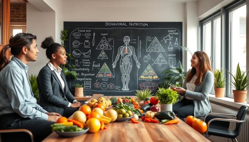 A serene and inviting consultation room focused on behavioral nutrition. In the foreground, a diverse group of three professionals in smart casual attire discussing food choices next to a wooden table adorned with fresh, colorful fruits and vegetables. In the middle, a large chalkboard displays diagrams of the human body mixed with food pyramids, emphasizing the connections between diet and rejuvenation. The background features soft natural light filtering through large windows with potted plants adding a touch of greenery. The mood is calm and inspirational, highlighting a holistic approach to health and wellness in a cozy, modern setting. The perspective captures the collaborative environment, inviting the viewer into the world of behavioral nutrition.