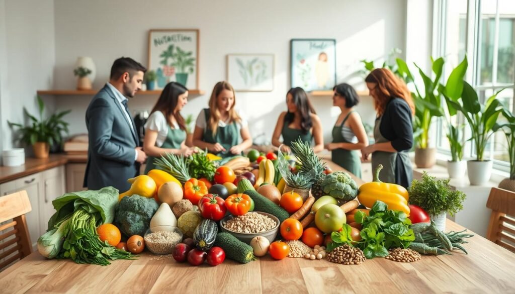 A serene and inviting kitchen setting, highlighting the concept of "Nutrologia Comportamental". In the foreground, a beautifully arranged wooden table displays a vibrant array of fresh fruits, vegetables, whole grains, and herbs, symbolizing mindful nutrition. In the middle ground, a diverse group of individuals of varying ages, dressed in professional and casual attire, engage in a cooking class, demonstrating collaboration and focus on healthy eating. The background features soft natural light streaming through large windows, illuminating green plants and artwork depicting nutrition. The atmosphere is calm and inspiring, reflecting an emphasis on mindfulness and wellness in food choices, evoking a sense of community and personal growth. Use a warm color palette with balanced lighting to create a welcoming vibe. A serene and inviting kitchen setting, highlighting the concept of "Nutrologia Comportamental". In the foreground, a beautifully arranged wooden table displays a vibrant array of fresh fruits, vegetables, whole grains, and herbs, symbolizing mindful nutrition. In the middle ground, a diverse group of individuals of varying ages, dressed in professional and casual attire, engage in a cooking class, demonstrating collaboration and focus on healthy eating. The background features soft natural light streaming through large windows, illuminating green plants and artwork depicting nutrition. The atmosphere is calm and inspiring, reflecting an emphasis on mindfulness and wellness in food choices, evoking a sense of community and personal growth. Use a warm color palette with balanced lighting to create a welcoming vibe.