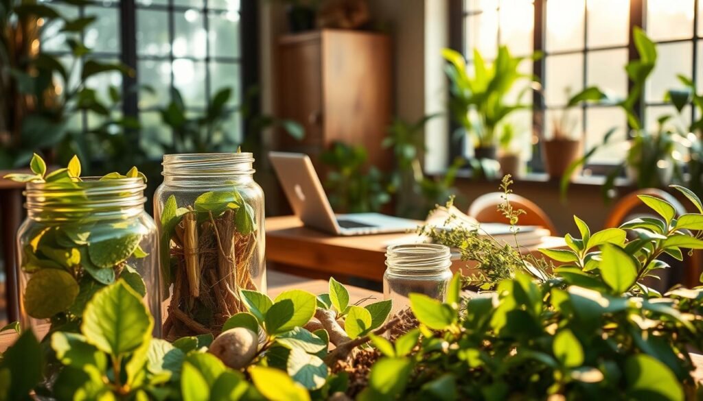 A serene and inviting workspace filled with natural elements, showcasing a neatly arranged collection of natural nootropics such as Ginkgo Biloba leaves, Ashwagandha roots, and Bacopa Monnieri sprigs in the foreground. Elegant glass jars are filled with these colorful herbs, reflecting soft warm light. In the middle ground, a wooden table with a laptop and a journal, hinting at productivity and mindfulness, surrounded by lush green plants, creating a calming atmosphere. In the background, a large window allowing gentle sunlight to stream in, highlighting the tranquil indoor garden, enhancing the mood of cognitive enhancement and longevity through nature. The image is bathed in a soft, golden hour light to evoke a sense of warmth, hope, and clarity.