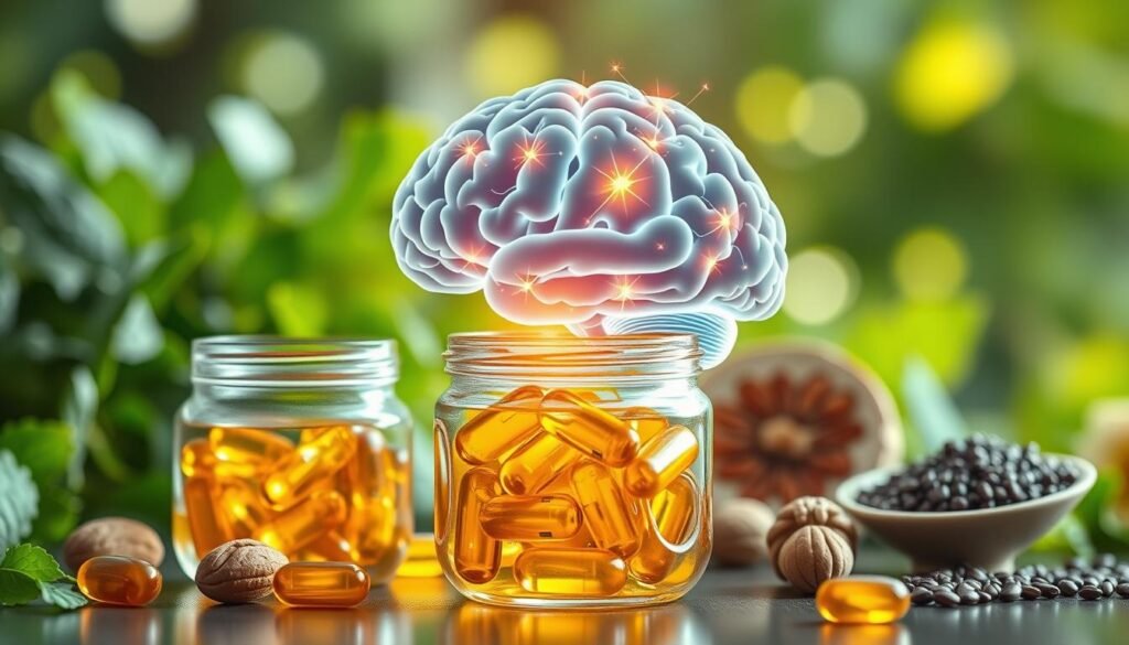 A serene and vibrant depiction of omega-3 fatty acids and brain health, showcasing a healthy human brain surrounded by floating fish oil capsules and omega-3 rich foods like salmon, walnuts, and chia seeds. In the foreground, a clear glass jar filled with fish oil capsules glimmers, reflecting light. The middle features an illustration of the brain with bright synaptic connections and neural pathways highlighted in glowing colors, emphasizing cognitive health. The background features a subtle bokeh effect of green leafy vegetables and fruits, creating an organic and fresh atmosphere. Soft, natural lighting enhances the focus on the brain and capsules, conveying a sense of wellness and longevity. The mood is uplifting and informative, ideal for promoting health and cognitive enhancement through omega-3. A serene and vibrant depiction of omega-3 fatty acids and brain health, showcasing a healthy human brain surrounded by floating fish oil capsules and omega-3 rich foods like salmon, walnuts, and chia seeds. In the foreground, a clear glass jar filled with fish oil capsules glimmers, reflecting light. The middle features an illustration of the brain with bright synaptic connections and neural pathways highlighted in glowing colors, emphasizing cognitive health. The background features a subtle bokeh effect of green leafy vegetables and fruits, creating an organic and fresh atmosphere. Soft, natural lighting enhances the focus on the brain and capsules, conveying a sense of wellness and longevity. The mood is uplifting and informative, ideal for promoting health and cognitive enhancement through omega-3.