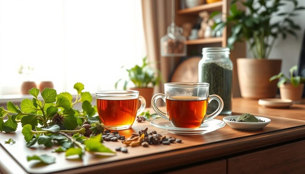 A serene and vibrant workspace showcasing the benefits of natural nootropics. In the foreground, an elegant wooden desk scattered with fresh herbs like ginkgo biloba and ashwagandha, alongside a steaming cup of herbal tea. In the middle ground, a clear glass jar filled with spirulina powder and a small dish of cacao nibs, symbolizing cognitive enhancement. In the background, a bright window allows soft morning sunlight to filter in, creating a warm and inviting atmosphere. Potted plants add a touch of greenery, enhancing the sense of vitality. The overall mood is peaceful yet invigorating, ideal for promoting mental clarity and longevity. The composition is shot from a slightly elevated angle to capture the details effectively, with balanced lighting to highlight the textures and colors of the natural elements.
