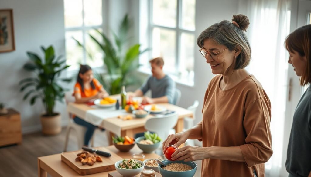 A serene indoor setting showcasing a diverse group of individuals practicing mindfulness while preparing healthy meals. In the foreground, a middle-aged woman with a gentle smile, wearing modest casual clothing, carefully slices fresh vegetables on a wooden chopping board, embodying focus and tranquility. In the middle ground, two individuals are seated at a beautifully arranged dining table filled with colorful fruits, grains, and nutritious dishes, engaging in mindful eating. Soft, natural light streams through a large window, creating a warm and inviting atmosphere. In the background, graceful houseplants add a touch of nature to the scene. The overall mood is calm, encouraging a sense of wellbeing and harmony between mindfulness and nutrition. A serene indoor setting showcasing a diverse group of individuals practicing mindfulness while preparing healthy meals. In the foreground, a middle-aged woman with a gentle smile, wearing modest casual clothing, carefully slices fresh vegetables on a wooden chopping board, embodying focus and tranquility. In the middle ground, two individuals are seated at a beautifully arranged dining table filled with colorful fruits, grains, and nutritious dishes, engaging in mindful eating. Soft, natural light streams through a large window, creating a warm and inviting atmosphere. In the background, graceful houseplants add a touch of nature to the scene. The overall mood is calm, encouraging a sense of wellbeing and harmony between mindfulness and nutrition.