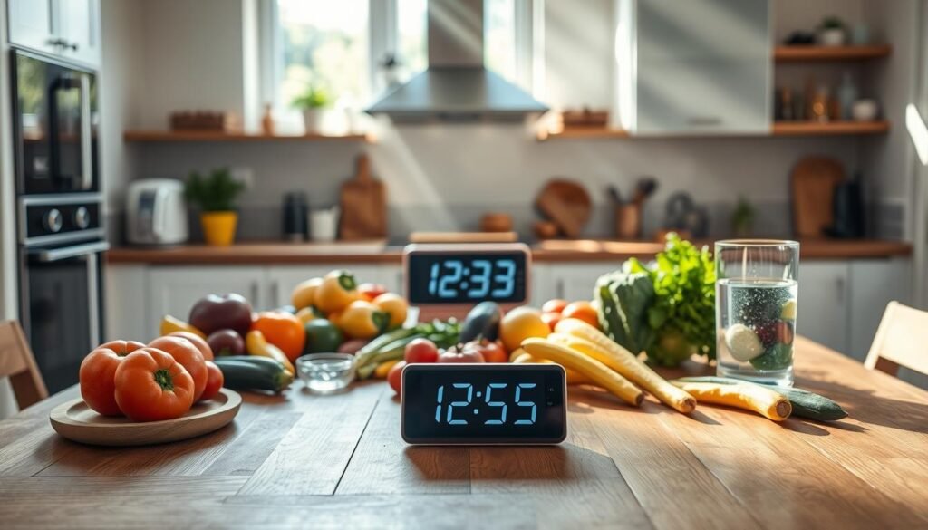 A serene kitchen scene showcasing the concept of intermittent fasting. In the foreground, a neatly arranged wooden table displays a variety of healthy foods, including colorful fruits, vegetables, and a glass of water, emphasizing nutritional balance. In the middle ground, a digital clock prominently shows the time, symbolizing the fasting period's importance. The background features a well-lit kitchen with sun rays streaming through a window, creating an inviting atmosphere. The soft lighting enhances the freshness of the produce, and the overall mood is calm and inspiring. The angle is slightly overhead, providing a comprehensive view of the table while maintaining a clean and organized composition, free from distractions.