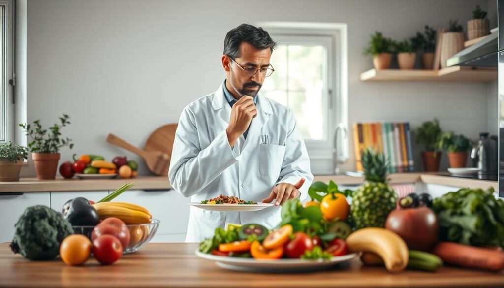 A serene kitchen setting with an emphasis on healthy eating habits, showcasing a diverse array of colorful fruits and vegetables artfully arranged on a wooden table in the foreground. In the middle ground, a professional nutritionist, dressed in a lab coat, thoughtfully examines a plate of meticulously prepared dishes that highlight balanced nutrition. Soft, natural light filters through a kitchen window, illuminating the scene and casting gentle shadows. The background features a clean, modern kitchen with herbs growing in pots and cookbooks on the shelf, enhancing the atmosphere of wellness and longevity. The overall mood is inviting and inspiring, emphasizing the importance of nutrition for health and vitality. A serene kitchen setting with an emphasis on healthy eating habits, showcasing a diverse array of colorful fruits and vegetables artfully arranged on a wooden table in the foreground. In the middle ground, a professional nutritionist, dressed in a lab coat, thoughtfully examines a plate of meticulously prepared dishes that highlight balanced nutrition. Soft, natural light filters through a kitchen window, illuminating the scene and casting gentle shadows. The background features a clean, modern kitchen with herbs growing in pots and cookbooks on the shelf, enhancing the atmosphere of wellness and longevity. The overall mood is inviting and inspiring, emphasizing the importance of nutrition for health and vitality.