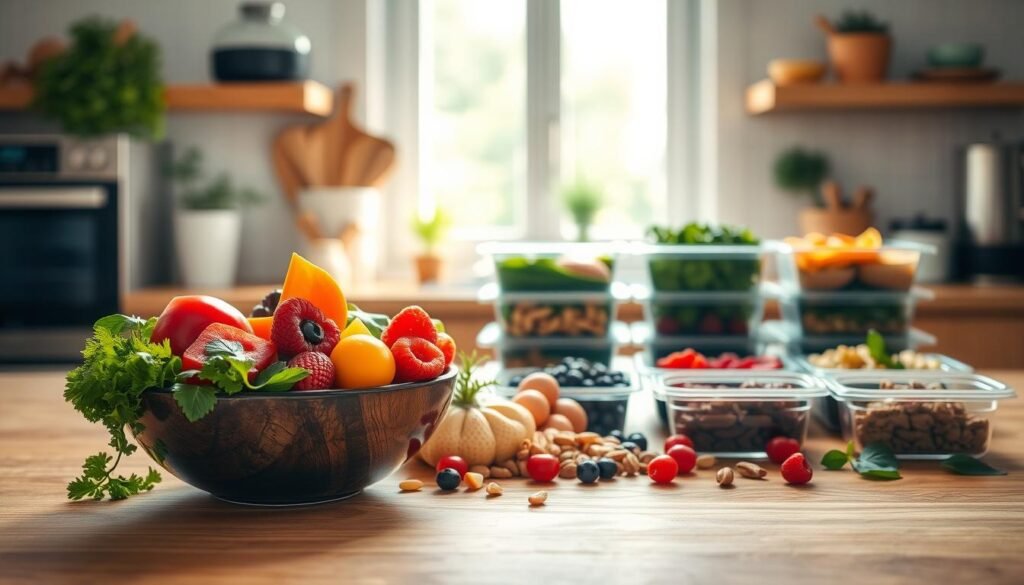 A serene kitchen setting with fresh ingredients laid out on a wooden table, showcasing a variety of healthy foods associated with the "Dieta que Imita o Jejum." In the foreground, a bowl filled with vibrant vegetables, berries, and nuts, emphasizing a colorful and nutritious selection. The middle ground features a well-organized arrangement of meal prep containers filled with carefully portioned meals, reflecting the dietary approach. In the background, soft natural light filters through a window, creating a warm and inviting atmosphere, enhancing the notion of health and wellness. Use a shallow depth of field to keep focus on the food while providing a soft bokeh effect in the background. The overall mood is calm, encouraging mindfulness and intentional eating practices. A serene kitchen setting with fresh ingredients laid out on a wooden table, showcasing a variety of healthy foods associated with the "Dieta que Imita o Jejum." In the foreground, a bowl filled with vibrant vegetables, berries, and nuts, emphasizing a colorful and nutritious selection. The middle ground features a well-organized arrangement of meal prep containers filled with carefully portioned meals, reflecting the dietary approach. In the background, soft natural light filters through a window, creating a warm and inviting atmosphere, enhancing the notion of health and wellness. Use a shallow depth of field to keep focus on the food while providing a soft bokeh effect in the background. The overall mood is calm, encouraging mindfulness and intentional eating practices.