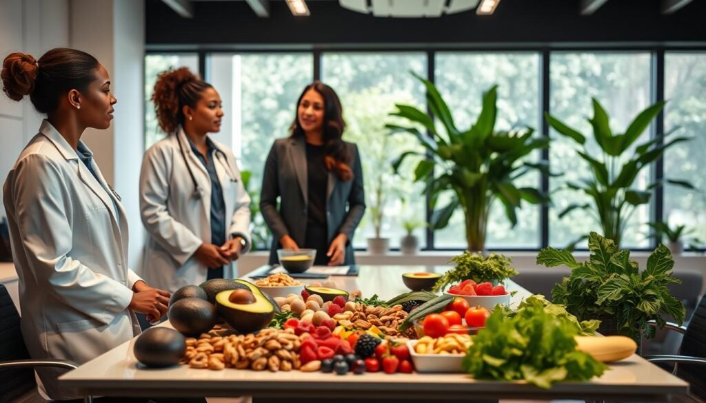 A serene, modern office environment focused on behavioral nutrition. In the foreground, a diverse group of health professionals (two African American women and one Hispanic man) engaged in a discussion, dressed in professional attire. The middle layer shows a sleek table filled with colorful, healthy foods like avocados, nuts, berries, and leafy greens, symbolizing functional foods. In the background, a large window allows natural light to flood the room, highlighting green plants for an atmosphere of wellness. The lighting is soft and warm to create a welcoming mood, while the angle is slightly elevated, capturing the interaction among the professionals and their healthy food display. The scene conveys a sense of collaboration and the importance of behavioral nutrition in contemporary health discussions.
