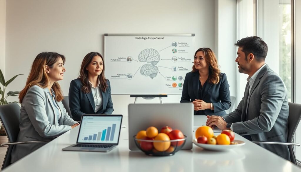 A serene office environment showcasing a professional consultation about "Nutrologia Comportamental." In the foreground, a diverse group of three professionals—two women and one man—are engaged in discussion. The women are dressed in business attire, while the man wears a smart casual outfit. They are seated around a modern conference table with colorful fruits and a laptop displaying graphs related to behavioral nutrition. In the middle ground, a large whiteboard is filled with diagrams illustrating the connection between nutrition and brain health. The background features soft, natural lighting filtering through large windows, creating an inviting atmosphere. The focus is on collaboration and the integration of science and behavior, emphasizing a harmonious connection between mind and body.