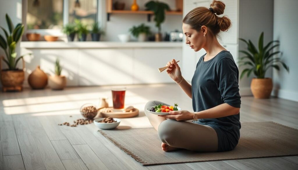 A serene scene depicting the benefits of mindfulness in eating. In the foreground, a person sits cross-legged on a comfortable mat, engaged in mindful eating, delicately savoring a colorful, healthful plate of fresh fruits and vegetables, reflecting focus and tranquility. In the middle layer, a beautifully arranged table showcases wholesome foods like whole grains, nuts, and herbal teas, adorned with soft natural light, creating an inviting atmosphere. The background features a calm kitchen setting with plants and warm, natural sunlight filtering through the window, emphasizing a healthy lifestyle. The overall mood is peaceful and reflective, capturing the essence of mindfulness and its positive impact on nutrition, showcasing balance and health. A serene scene depicting the benefits of mindfulness in eating. In the foreground, a person sits cross-legged on a comfortable mat, engaged in mindful eating, delicately savoring a colorful, healthful plate of fresh fruits and vegetables, reflecting focus and tranquility. In the middle layer, a beautifully arranged table showcases wholesome foods like whole grains, nuts, and herbal teas, adorned with soft natural light, creating an inviting atmosphere. The background features a calm kitchen setting with plants and warm, natural sunlight filtering through the window, emphasizing a healthy lifestyle. The overall mood is peaceful and reflective, capturing the essence of mindfulness and its positive impact on nutrition, showcasing balance and health.