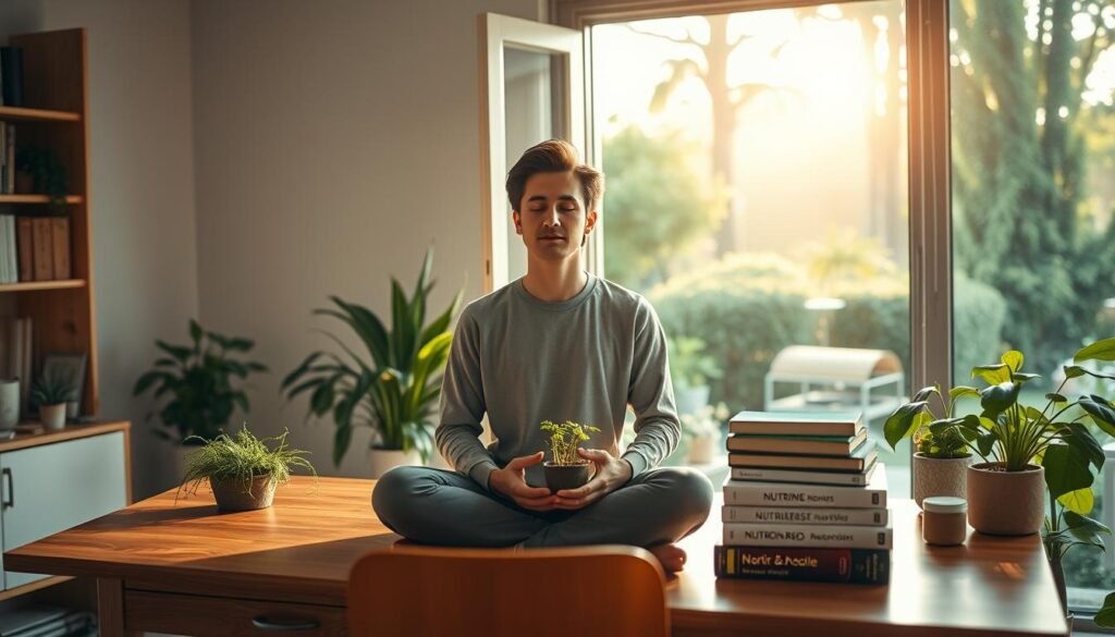 A serene study space showcasing mental resilience. In the foreground, a person wearing modest casual clothing sits at a wooden desk, deep in focused meditation, hands resting on their knees, exuding calm and concentration. The middle ground features an open window letting in warm, soft sunlight, illuminating a collection of healthy plants and a stack of nutrition books, symbolizing growth and knowledge. In the background, a peaceful outdoor scene reveals a lush garden with gentle sunlight filtering through tall trees, creating a tranquil atmosphere. The mood is uplifting and inspiring, with warm, natural colors dominating the scene, emphasizing the connection between mental strength and nurturing surroundings. The composition captures the essence of inner peace and resilience. A serene study space showcasing mental resilience. In the foreground, a person wearing modest casual clothing sits at a wooden desk, deep in focused meditation, hands resting on their knees, exuding calm and concentration. The middle ground features an open window letting in warm, soft sunlight, illuminating a collection of healthy plants and a stack of nutrition books, symbolizing growth and knowledge. In the background, a peaceful outdoor scene reveals a lush garden with gentle sunlight filtering through tall trees, creating a tranquil atmosphere. The mood is uplifting and inspiring, with warm, natural colors dominating the scene, emphasizing the connection between mental strength and nurturing surroundings. The composition captures the essence of inner peace and resilience.