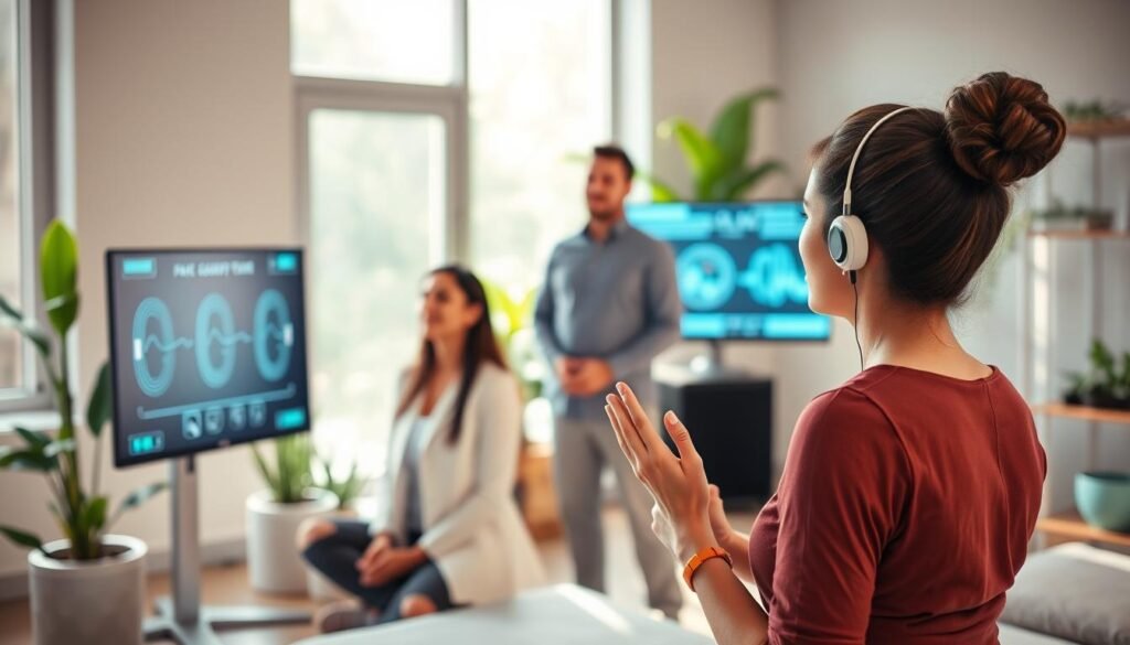 A tranquil, modern wellness studio setting, where a diverse group of three individuals are engaged in a biofeedback session. In the foreground, a woman in professional attire wears a biosensor device while observing real-time feedback on a sleek digital monitor. The middle ground features a calm male instructor guiding the session, demonstrating relaxation techniques. The background showcases soft, natural light filtering through large windows, illuminating plants and wellness equipment, creating a peaceful atmosphere. Use a warm color palette with highlights of green to evoke harmony and health. A shallow depth of field focuses on the participants, adding a sense of intimacy to the learning environment, while the overall mood reflects a serene and motivational experience. A tranquil, modern wellness studio setting, where a diverse group of three individuals are engaged in a biofeedback session. In the foreground, a woman in professional attire wears a biosensor device while observing real-time feedback on a sleek digital monitor. The middle ground features a calm male instructor guiding the session, demonstrating relaxation techniques. The background showcases soft, natural light filtering through large windows, illuminating plants and wellness equipment, creating a peaceful atmosphere. Use a warm color palette with highlights of green to evoke harmony and health. A shallow depth of field focuses on the participants, adding a sense of intimacy to the learning environment, while the overall mood reflects a serene and motivational experience.