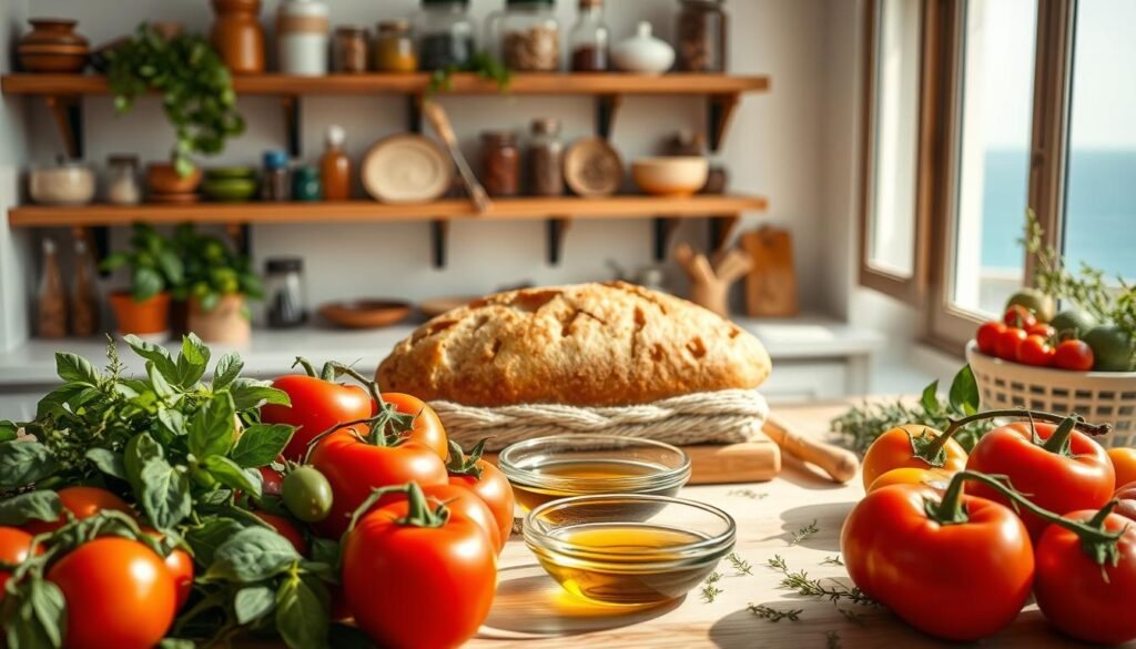 A vibrant Mediterranean kitchen scene, featuring a beautifully arranged table filled with colorful, fresh ingredients showcasing the Mediterranean Diet. In the foreground, there are ripe tomatoes, vibrant bell peppers, green olives, and aromatic herbs like basil and oregano. In the middle ground, a loaf of crusty artisan bread and a bowl of rich olive oil are elegantly placed, inviting viewers to savor the healthy flavors. The background features rustic wooden shelves adorned with Mediterranean spices and a light, airy window overlooking the sea, spilling natural sunlight into the space. The overall atmosphere is warm and inviting, promoting a sense of wellness and longevity, captured with soft lighting that enhances the natural colors and textures of the food. The image should feel cozy, charming, and inspiring, emphasizing a healthy lifestyle through the elements of the Mediterranean cuisine.