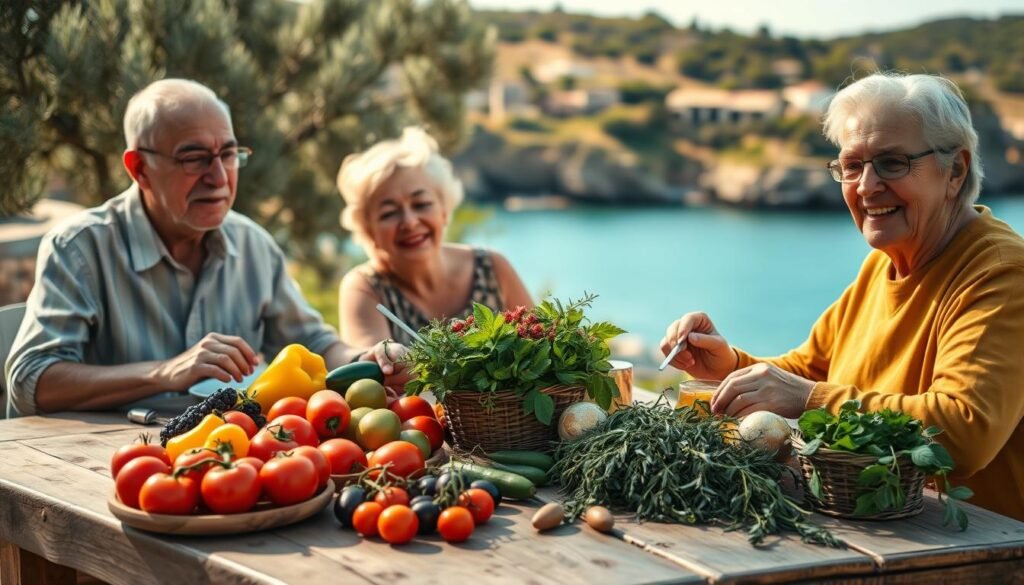 A vibrant Mediterranean landscape featuring a rustic wooden table laden with colorful, fresh produce such as ripe tomatoes, bell peppers, olives, and herbs, symbolizing a healthy diet. In the foreground, two elderly individuals dressed in modest casual clothing are sharing a meal, their expressions reflecting joy and vitality. The middle ground showcases a picturesque coastal view with turquoise waters and sun-kissed hills dotted with olive trees. Soft golden sunlight bathes the scene, evoking a warm and inviting atmosphere. The image is captured from a slightly elevated angle to provide depth, focusing on the connection between the food, companionship, and the essence of healthy longevity. The overall mood is harmonious and uplifting, celebrating life and wellness.