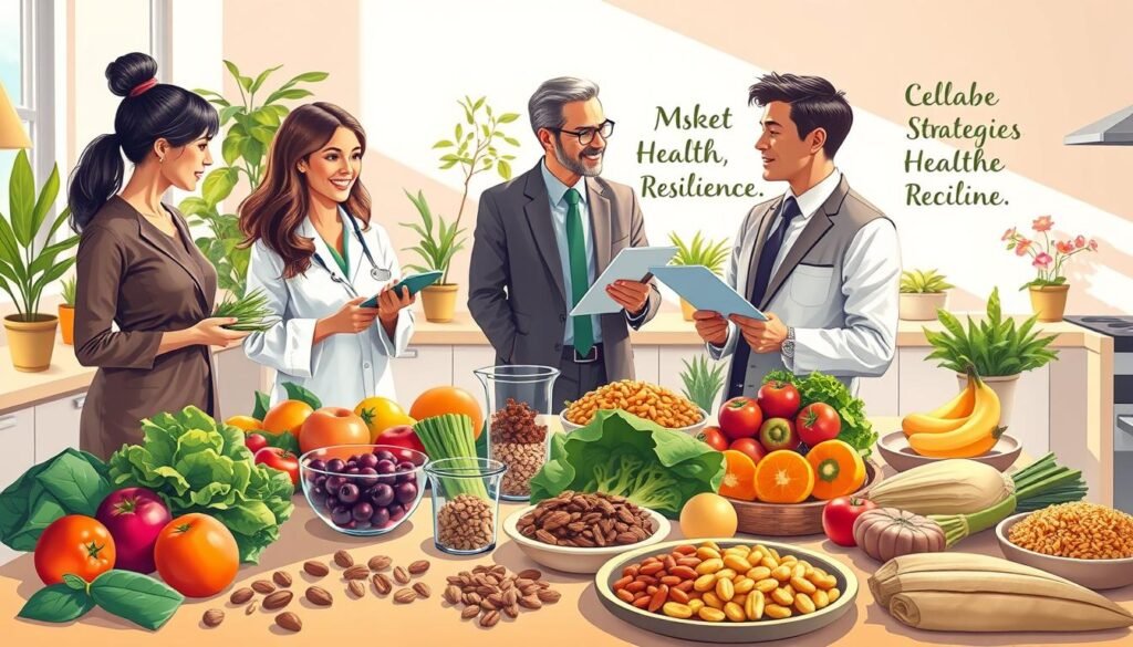 A vibrant and detailed illustration representing "nutritional strategies for resilience". In the foreground, a diverse group of professionals, including a woman in a lab coat analyzing colorful fruits and vegetables, and a man in a suit discussing meal plans, embody a collaborative atmosphere. In the middle ground, a well-organized table displays various nutritious foods such as leafy greens, nuts, and whole grains arranged aesthetically, with measuring cups and a digital tablet showcasing nutrient information. The background features a bright, modern kitchen bathed in natural light, with plants and a motivational quote on the wall about health and resilience. The overall mood is inspiring, emphasizing wellness and longevity, captured with a warm, inviting color palette and soft focus to create a sense of harmony and purpose. A vibrant and detailed illustration representing "nutritional strategies for resilience". In the foreground, a diverse group of professionals, including a woman in a lab coat analyzing colorful fruits and vegetables, and a man in a suit discussing meal plans, embody a collaborative atmosphere. In the middle ground, a well-organized table displays various nutritious foods such as leafy greens, nuts, and whole grains arranged aesthetically, with measuring cups and a digital tablet showcasing nutrient information. The background features a bright, modern kitchen bathed in natural light, with plants and a motivational quote on the wall about health and resilience. The overall mood is inspiring, emphasizing wellness and longevity, captured with a warm, inviting color palette and soft focus to create a sense of harmony and purpose.