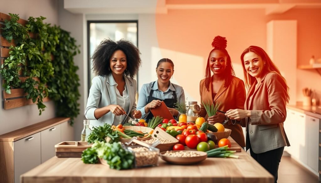 A vibrant and engaging scene depicting sustainable eating habits. The foreground features a diverse group of three individuals, dressed in professional business attire, joyfully preparing a colorful meal together in a well-lit, modern kitchen. In the middle background, a large wooden table is adorned with an array of fresh fruits, vegetables, and whole grains, symbolizing healthy choices. To the left, there's a vertical garden with herbs and greens growing, emphasizing the concept of local and organic produce. The lighting is warm and inviting, enhancing the atmosphere of collaboration and wellness. The overall mood is positive and inspiring, showcasing the joy of healthy eating and the building of sustainable food habits.