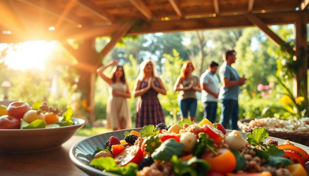 A vibrant and informative illustration showcasing the benefits of intermittent fasting. In the foreground, a close-up of a healthy plate featuring colorful foods like fruits, vegetables, and whole grains, symbolizing nutritious eating. In the middle ground, a group of diverse adults, dressed in modest casual clothing, engaging in various activities related to wellness, such as exercising, meditating, and preparing healthy meals together. In the background, a sunlit garden setting, filled with greenery, symbolizes vitality and longevity. The lighting is warm and inviting, creating an uplifting atmosphere. The angle captures the scene from a slightly elevated perspective, emphasizing harmony and well-being, perfect for an educational article on health.