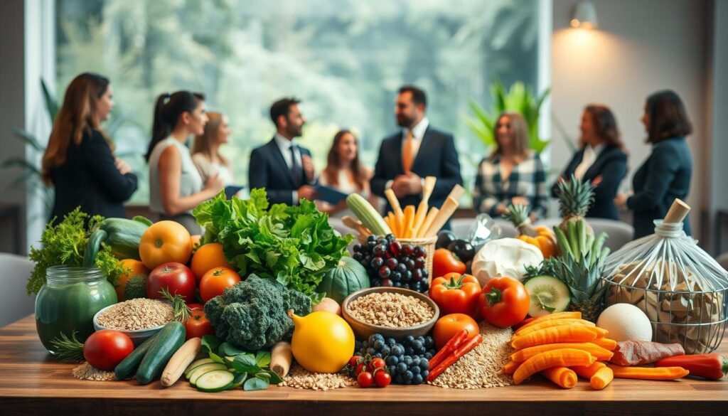 A vibrant and informative scene depicting the concept of Behavioral Nutrition, showcasing a balanced and colorful assortment of fresh fruits, vegetables, whole grains, and lean proteins arranged artfully on a wooden table in the foreground. In the middle ground, a diverse group of professionals in business attire engage in a discussion, with a mix of individuals celebrating healthy eating habits and making thoughtful lifestyle choices. The background features a softly lit environment with subtle hints of greenery, suggesting well-being and vitality. The lighting is warm and inviting, creating an atmosphere of positivity and growth. The overall composition should evoke feelings of health, mindfulness, and the connection between nutrition and longevity.