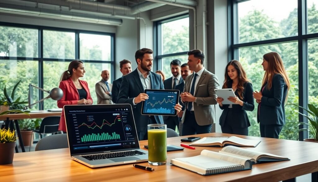 A vibrant and modern workspace illustrating biohacking strategies for longevity. In the foreground, a well-organized desk features a laptop displaying health analytics, a glass of green smoothie, and a journal filled with notes. The middle ground presents a diverse group of professionals in smart casual attire engaged in thoughtful discussion, with one person holding a digital tablet showcasing cutting-edge health metrics. In the background, large windows illuminate the space with natural light, revealing a lush green landscape outside, symbolizing health and vitality. The atmosphere is energizing and focused, emphasizing innovation and wellness in the pursuit of longevity. The lighting is bright and uplifting, promoting a sense of clarity and purpose.