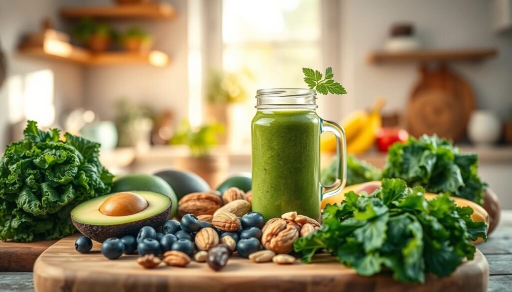 A vibrant and visually appealing composition featuring a variety of functional foods that highlight their health benefits. In the foreground, showcase an assortment of colorful fruits and vegetables known for their nutritional properties, such as avocados, blueberries, kale, and nuts, artistically arranged on a wooden cutting board. In the middle, display a clear glass jar filled with a green smoothie, emphasizing freshness and vitality. The background should be softly blurred, revealing a sunlit kitchen setting with herbs in pots and an open window letting in warm natural light. Use a soft focus lens effect to create a warm and inviting atmosphere, evoking a sense of health and wellness. The overall mood should be uplifting, promoting the concept of a balanced and nutritious lifestyle.
