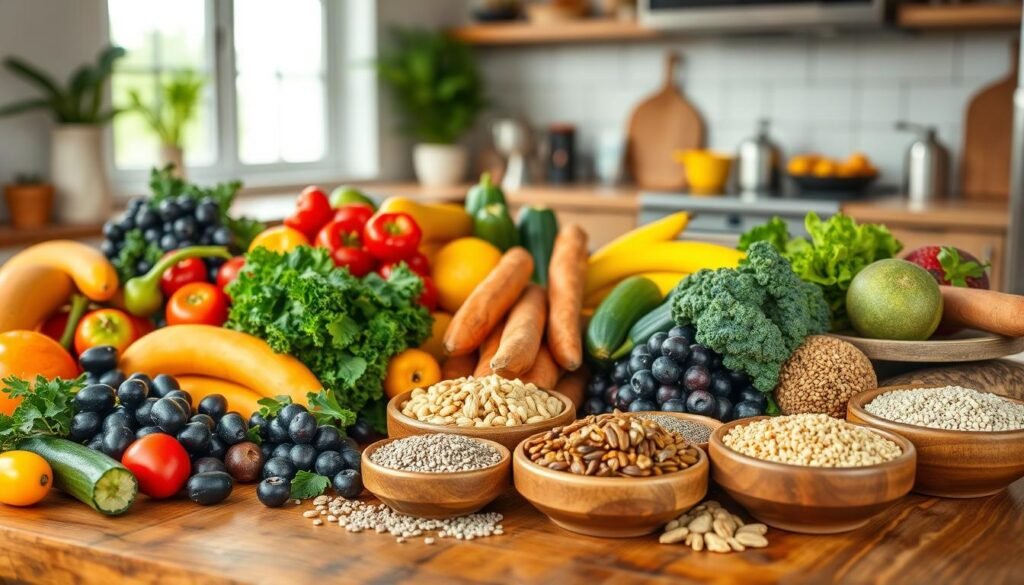 A vibrant composition showcasing a variety of popular functional foods from Brazil. In the foreground, a bountiful wooden table displays colorful fruits such as açai berries, guaraná, and mangaba, alongside fresh vegetables like kale and sweet potatoes. In the middle ground, an assortment of functional food items—like chia seeds, nuts, and quinoa—are neatly arranged in rustic bowls, emphasizing their natural textures. The background features a softly blurred kitchen setting bathed in warm, natural light, creating an inviting atmosphere. Use a slight overhead angle to capture the entirety of the spread, highlighting the freshness and vibrancy of these foods. The mood should feel lively and wholesome, perfect for illustrating the concept of natural functional foods.