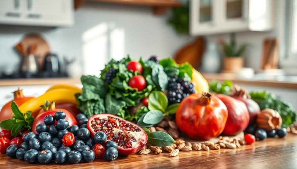 A vibrant display of anti-aging foods arranged artistically on a wooden kitchen table. In the foreground, a selection of colorful fruits like blueberries, pomegranates, and avocados, glistening with dew. In the middle, an assortment of leafy greens such as kale and spinach, alongside nuts and seeds. The background features a soft-focus kitchen setting with natural sunlight streaming through a window, casting gentle shadows. Use a shallow depth of field to highlight the textures of the foods, creating an inviting and fresh atmosphere. The overall mood is healthy and rejuvenating, suggesting vitality and nourishment. Emphasize natural colors and a sense of abundance, while keeping the composition balanced and harmonious.