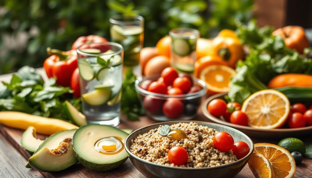 A vibrant, healthy meal spread across a rustic wooden table, showcasing an array of colorful, fresh vegetables like bell peppers, leafy greens, and slices of avocado. In the foreground, a bowl of quinoa topped with cherry tomatoes and a drizzle of olive oil glistens under soft natural light. In the middle, a glass of infused water with cucumber and mint complements the meals, while whole fruits like oranges and berries add a pop of color. The background features faintly blurred greenery, representing a calm outdoor setting to convey serenity. The atmosphere is inviting and soothing, symbolizing nourishment as a means to combat stress and enhance well-being. Warm, soft lighting enhances the wholesome feel of the composition.