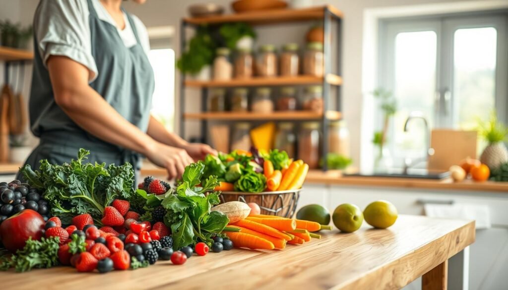 A vibrant, well-organized kitchen setting focused on healthy habits. In the foreground, a wooden table is adorned with an array of colorful, fresh fruits and vegetables, like kale, berries, carrots, and avocados. A person in modest casual clothing, preparing a colorful salad, conveys an atmosphere of health and wellness. In the middle ground, a well-stocked pantry showcases jars of whole grains and nuts, emphasizing balanced eating. The background features large windows letting in warm, natural lighting, creating an inviting and cheerful atmosphere. Soft focus on the background adds depth, while bright colors punctuate the image, inspiring viewers to adopt healthier lifestyles. The visual mood reflects positivity, vitality, and the joy of eating well.