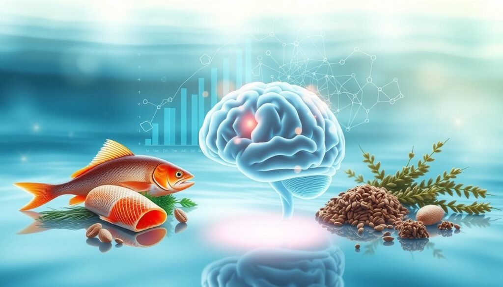 A visually compelling illustration of the benefits of Omega-3 for brain health, featuring a serene setting. In the foreground, a stylized representation of the human brain, glowing softly, surrounded by vibrant fish and plant-based Omega-3 sources like salmon and flaxseed in an elegant arrangement. In the middle, a subtle, translucent overlay of scientific graphs and neural pathways, symbolizing research and evidence. The background should be an ethereal blend of calming blues and greens, reminiscent of water and nature, creating a tranquil atmosphere. Soft, diffused lighting enhances the peaceful mood, with a focus on clarity and clarity of the subjects. The angle should be slightly elevated, providing a panoramic view that invites exploration into the health benefits of Omega-3, while ensuring a professional and educational tone throughout. A visually compelling illustration of the benefits of Omega-3 for brain health, featuring a serene setting. In the foreground, a stylized representation of the human brain, glowing softly, surrounded by vibrant fish and plant-based Omega-3 sources like salmon and flaxseed in an elegant arrangement. In the middle, a subtle, translucent overlay of scientific graphs and neural pathways, symbolizing research and evidence. The background should be an ethereal blend of calming blues and greens, reminiscent of water and nature, creating a tranquil atmosphere. Soft, diffused lighting enhances the peaceful mood, with a focus on clarity and clarity of the subjects. The angle should be slightly elevated, providing a panoramic view that invites exploration into the health benefits of Omega-3, while ensuring a professional and educational tone throughout.