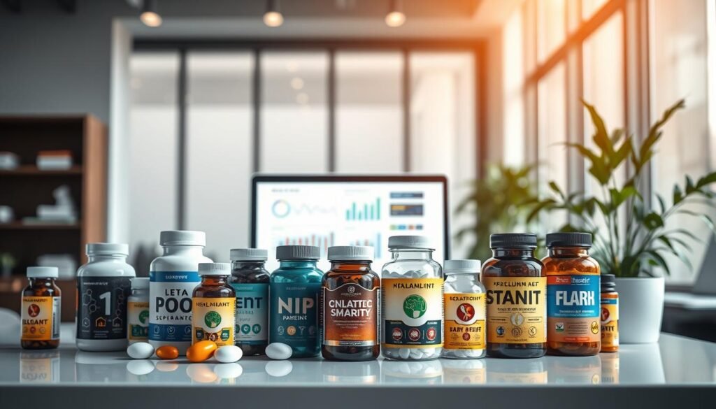 A visually striking composition of "Smart Supplements" displayed on a sleek, modern desk in an office setting. In the foreground, a variety of colorful supplement bottles and jars labeled with scientific symbols and brain-related graphics. In the middle ground, an open laptop showing graphs and data related to cognitive performance. The background features a large window with natural light pouring in, illuminating the scene with a warm, inviting glow. A potted plant adds a touch of nature, enhancing the atmosphere of productivity and focus. The overall mood is professional, inspiring, and modern, emphasizing the theme of brain health and cognitive enhancement without any text or overlays. The image is composed with a shallow depth of field, drawing attention to the supplements while softly blurring the background. A visually striking composition of "Smart Supplements" displayed on a sleek, modern desk in an office setting. In the foreground, a variety of colorful supplement bottles and jars labeled with scientific symbols and brain-related graphics. In the middle ground, an open laptop showing graphs and data related to cognitive performance. The background features a large window with natural light pouring in, illuminating the scene with a warm, inviting glow. A potted plant adds a touch of nature, enhancing the atmosphere of productivity and focus. The overall mood is professional, inspiring, and modern, emphasizing the theme of brain health and cognitive enhancement without any text or overlays. The image is composed with a shallow depth of field, drawing attention to the supplements while softly blurring the background.