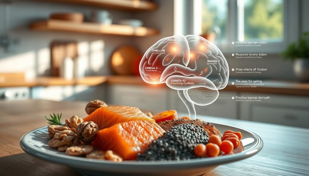 A visually striking illustration showcasing the benefits of Omega-3 for brain health. In the foreground, a vibrant plate filled with various sources of Omega-3, such as salmon fillets, walnuts, and chia seeds, arranged artistically. The middle ground features a translucent infographic of a human brain, highlighting areas that are positively affected by Omega-3, bathed in a soft, warm glow. The background is a serene kitchen setting, with natural light streaming in through a window, casting gentle shadows. The atmosphere should be uplifting and informative, promoting a sense of health and wellness. Use a shallow depth of field to keep the focus on the food and brain while blurring the background subtly. The overall tone is professional and fresh, inviting viewers to explore the benefits of Omega-3 for cognitive longevity. A visually striking illustration showcasing the benefits of Omega-3 for brain health. In the foreground, a vibrant plate filled with various sources of Omega-3, such as salmon fillets, walnuts, and chia seeds, arranged artistically. The middle ground features a translucent infographic of a human brain, highlighting areas that are positively affected by Omega-3, bathed in a soft, warm glow. The background is a serene kitchen setting, with natural light streaming in through a window, casting gentle shadows. The atmosphere should be uplifting and informative, promoting a sense of health and wellness. Use a shallow depth of field to keep the focus on the food and brain while blurring the background subtly. The overall tone is professional and fresh, inviting viewers to explore the benefits of Omega-3 for cognitive longevity.