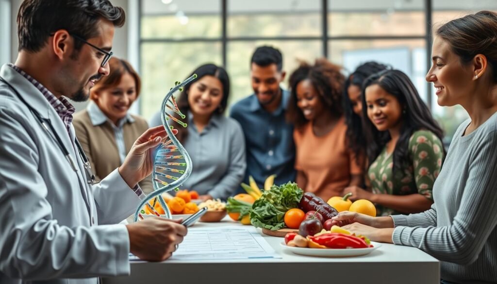 A visually striking representation of personalized nutrition, featuring a diverse group of individuals engaged in a consultation with a nutritionist. In the foreground, a nutritionist in professional attire is analyzing a DNA helix model, surrounded by colorful fruits, vegetables, and a digital display showing genetic information. In the middle ground, a table holds personalized meal plans and food samples, illustrating the connection between DNA and nutrition. The background showcases a modern clinic with soft, natural lighting filtering through large windows, creating a warm and welcoming atmosphere. The scene conveys a sense of innovation and hope, emphasizing the importance of tailored dietary choices for longevity and health. A visually striking representation of personalized nutrition, featuring a diverse group of individuals engaged in a consultation with a nutritionist. In the foreground, a nutritionist in professional attire is analyzing a DNA helix model, surrounded by colorful fruits, vegetables, and a digital display showing genetic information. In the middle ground, a table holds personalized meal plans and food samples, illustrating the connection between DNA and nutrition. The background showcases a modern clinic with soft, natural lighting filtering through large windows, creating a warm and welcoming atmosphere. The scene conveys a sense of innovation and hope, emphasizing the importance of tailored dietary choices for longevity and health.