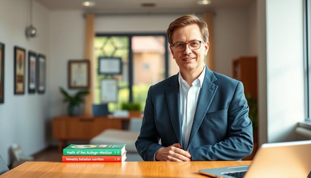 A well-dressed middle-aged man, Dr. Jô Furlan, with short brown hair and glasses, standing confidently in a modern office setting. He wears a tailored navy blue suit and a crisp white shirt, exuding professionalism. In the foreground, a sleek wooden desk with a few health-related books and a laptop, signifying his expertise in behavioral nutrition. The middle ground features a large window allowing natural light to illuminate the room, providing a warm and inviting atmosphere. In the background, certificates and awards hang on the walls, showcasing his achievements in the field. The lighting is soft and balanced, creating a welcoming yet professional mood, captured from a slightly elevated angle to emphasize his stature and authority in the subject of behavioral nutrition. A well-dressed middle-aged man, Dr. Jô Furlan, with short brown hair and glasses, standing confidently in a modern office setting. He wears a tailored navy blue suit and a crisp white shirt, exuding professionalism. In the foreground, a sleek wooden desk with a few health-related books and a laptop, signifying his expertise in behavioral nutrition. The middle ground features a large window allowing natural light to illuminate the room, providing a warm and inviting atmosphere. In the background, certificates and awards hang on the walls, showcasing his achievements in the field. The lighting is soft and balanced, creating a welcoming yet professional mood, captured from a slightly elevated angle to emphasize his stature and authority in the subject of behavioral nutrition.