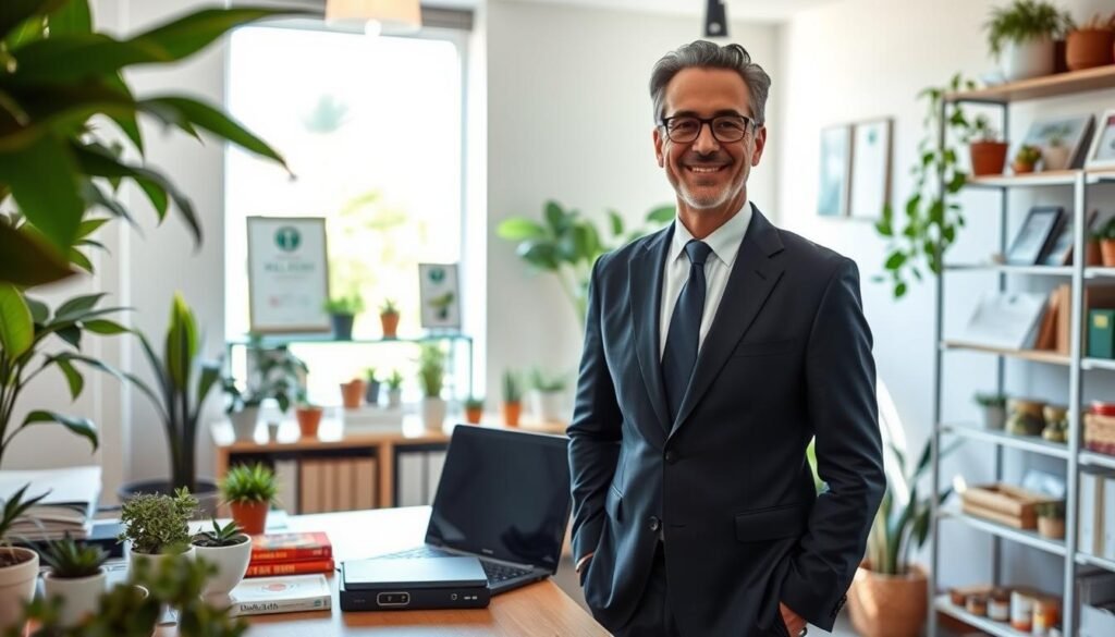 Dr. Jô Furlan, a distinguished figure in behavioral nutrition, stands confidently in a well-lit, modern office environment filled with plants and health-focused decor. He is dressed in professional business attire, exuding expertise and approachability. In the foreground, a wooden desk showcases nutrition books, a laptop, and a small biofeedback device. The middle ground features shelves filled with healthy food samples and wellness certifications, while a large window in the background allows natural light to flood the space, creating an inviting atmosphere. The mood is calm and inspiring, emphasizing the intersection of science and holistic health. The camera angle captures Dr. Furlan from a slightly elevated perspective, enhancing his authoritative presence as a pioneer in his field. Dr. Jô Furlan, a distinguished figure in behavioral nutrition, stands confidently in a well-lit, modern office environment filled with plants and health-focused decor. He is dressed in professional business attire, exuding expertise and approachability. In the foreground, a wooden desk showcases nutrition books, a laptop, and a small biofeedback device. The middle ground features shelves filled with healthy food samples and wellness certifications, while a large window in the background allows natural light to flood the space, creating an inviting atmosphere. The mood is calm and inspiring, emphasizing the intersection of science and holistic health. The camera angle captures Dr. Furlan from a slightly elevated perspective, enhancing his authoritative presence as a pioneer in his field.