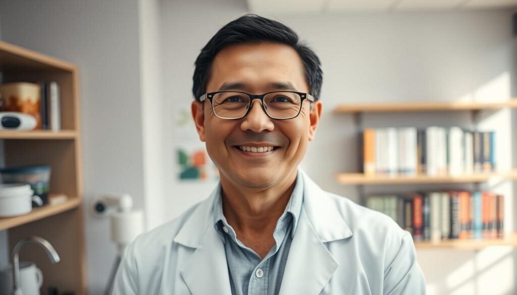 portrait of Dr. Jô Furlan, a middle-aged male physician with short black hair and glasses, dressed in a crisp white lab coat over a light-colored shirt, standing confidently in a modern clinic setting. In the foreground, focus on his warm smile and approachable demeanor. The background features subtle medical equipment and shelves lined with books related to nutrition and behavioral science, symbolizing his expertise. Soft, natural lighting creates a welcoming atmosphere, enhancing the professionalism of the scene. The angle of the shot is slightly above eye level, providing an engaging perspective that invites viewers to connect with the subject. The overall mood is inspiring and educational, reflecting Dr. Furlan’s dedication to his field and the integration of nutrition and behavioral health.